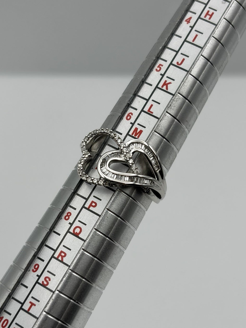 10K White Gold Natural Baguette & Round Diamond Double Open Heart Ring Size 7