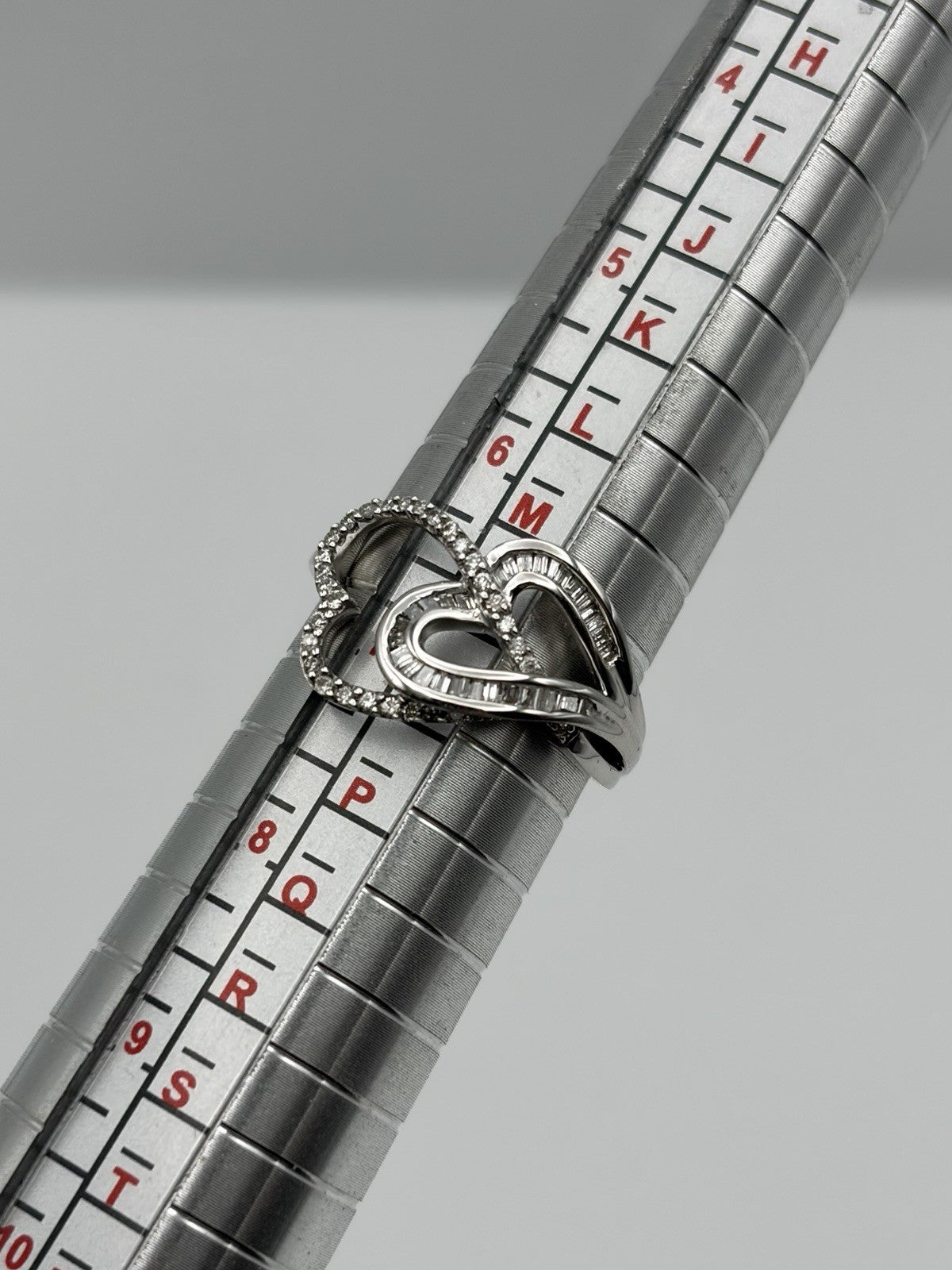 10K White Gold Natural Baguette & Round Diamond Double Open Heart Ring Size 7