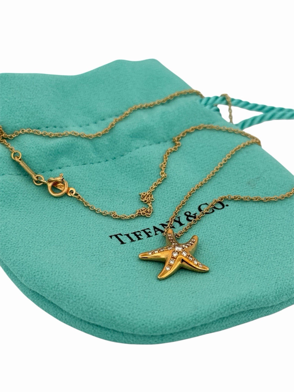 Tiffany & Co. Elsa Peretti 18K Gold Diamond Starfish Pendant Necklace 16”+ Pouch