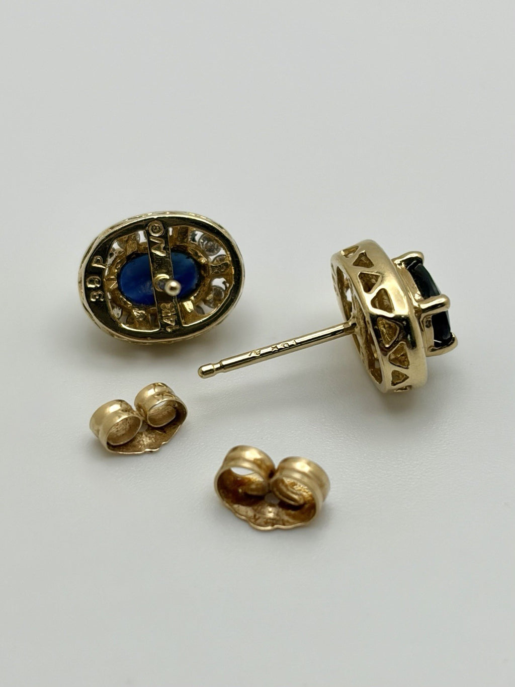 14K Yellow Gold Natural Blue Sapphire & Diamond Halo Stud Earrings 10mm