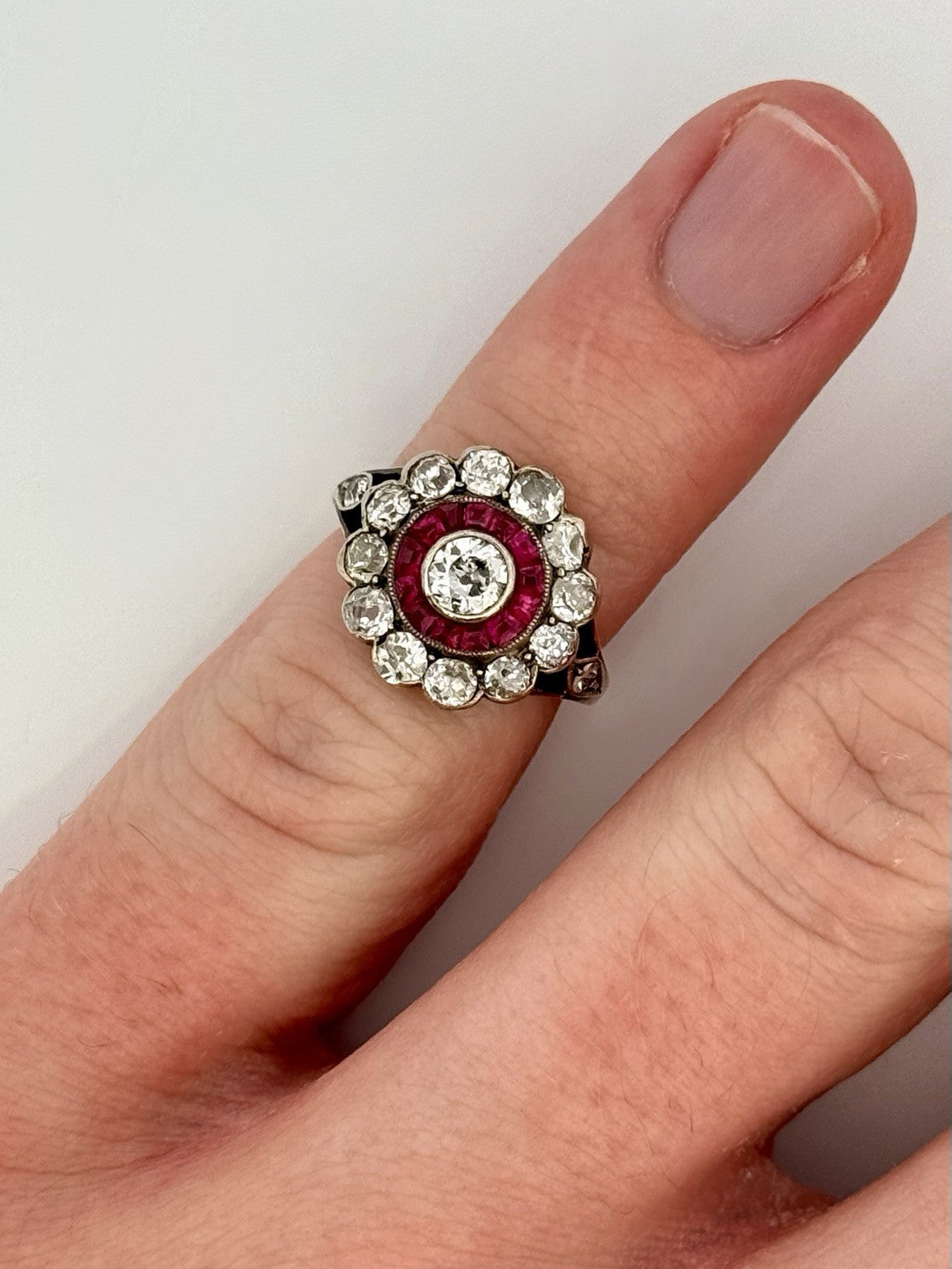 Antique Edwardian 14K Gold Silver Topped Natural Ruby & Diamond Halo Ring Size 3