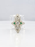 Antique Art Deco 20K White Gold Euro-Cut Diamond & Emerald Navette Ring Size 5.5