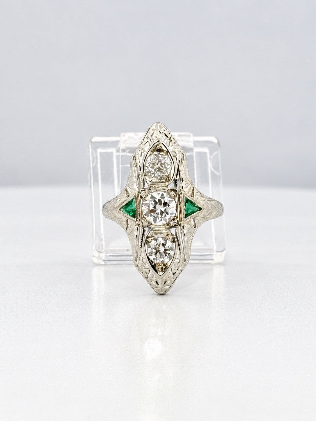 Antique Art Deco 20K White Gold Euro-Cut Diamond & Emerald Navette Ring Size 5.5