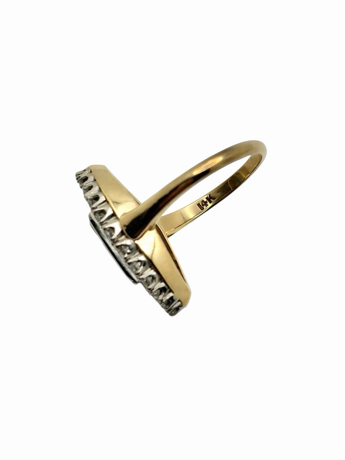 Vintage 14K Gold Platinum Natural Diamond & Emerald Art Deco Navette Ring Sz 6.5