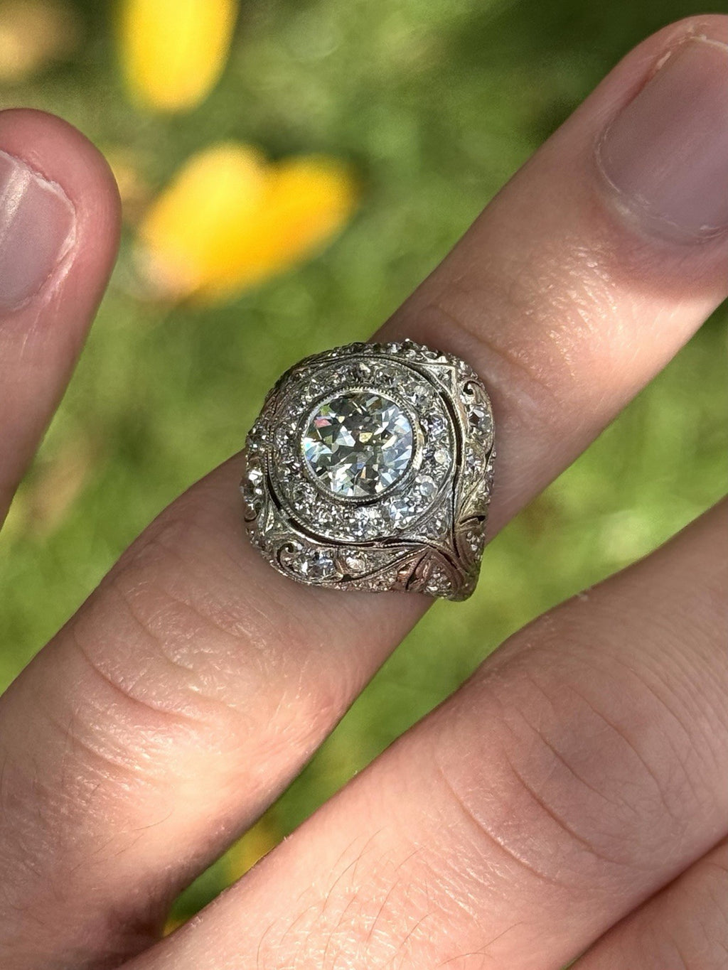 Antique Art Deco Platinum & Natural Old European Cut Diamond Dome Ring Size 4.5