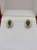 14K Yellow Gold Natural Blue Sapphire & Diamond Halo Stud Earrings 10mm