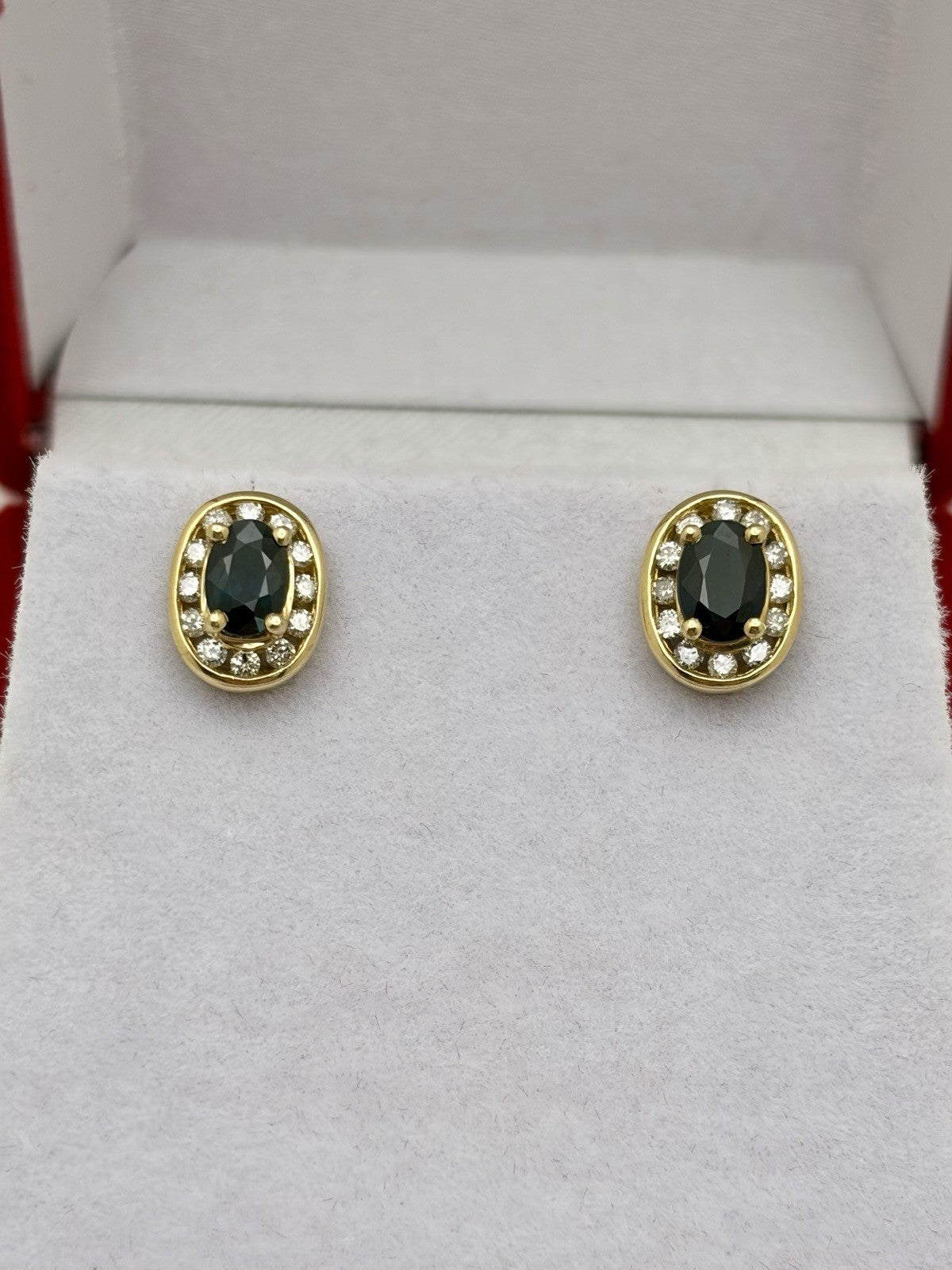 14K Yellow Gold Natural Blue Sapphire & Diamond Halo Stud Earrings 10mm