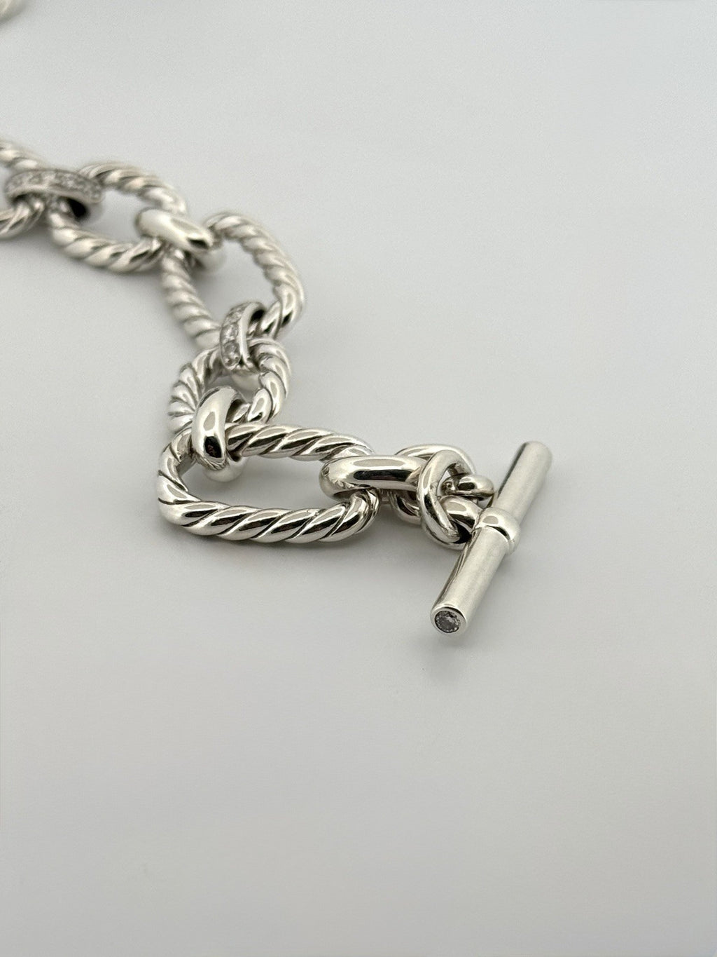 David Yurman Diamond Cushion Link Bracelet 925 Sterling Silver 8in w/ Pouch