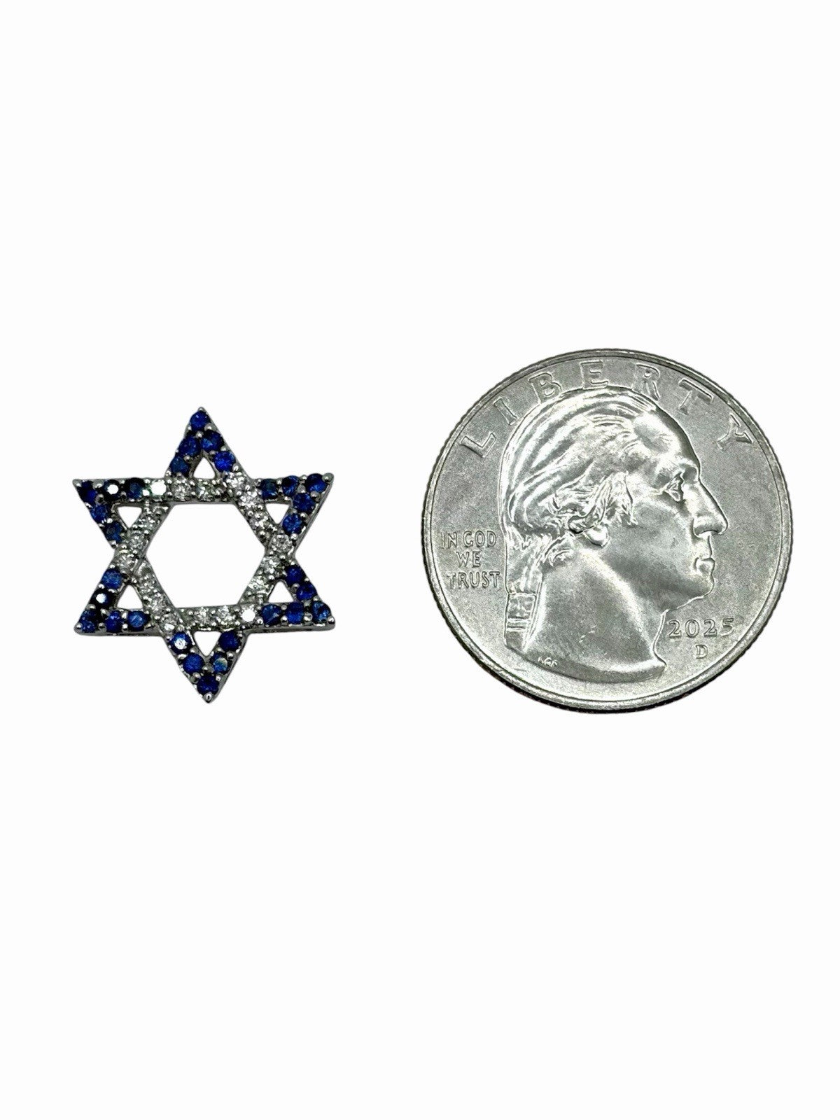 14K White Gold Star of David Pendant Lab Diamond & Blue Sapphire 1/2 CTW