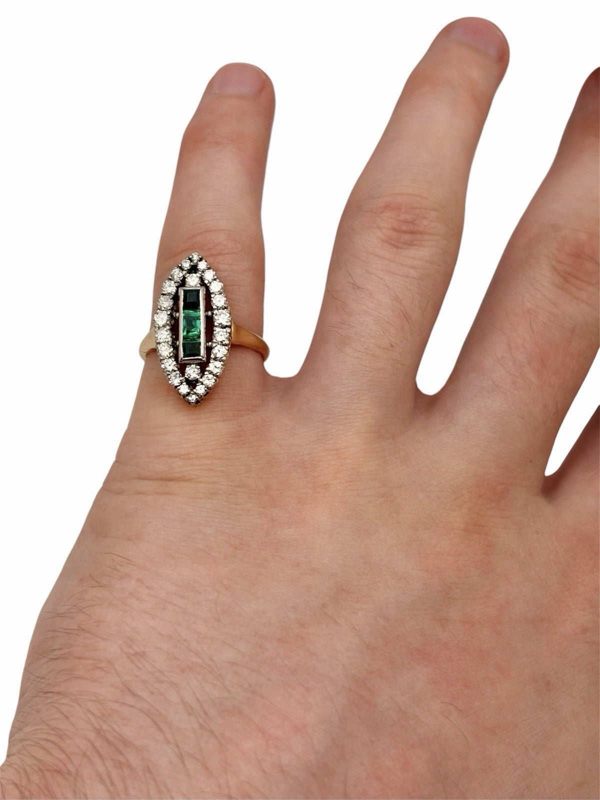 Vintage 14K Gold Platinum Natural Diamond & Emerald Art Deco Navette Ring Sz 6.5