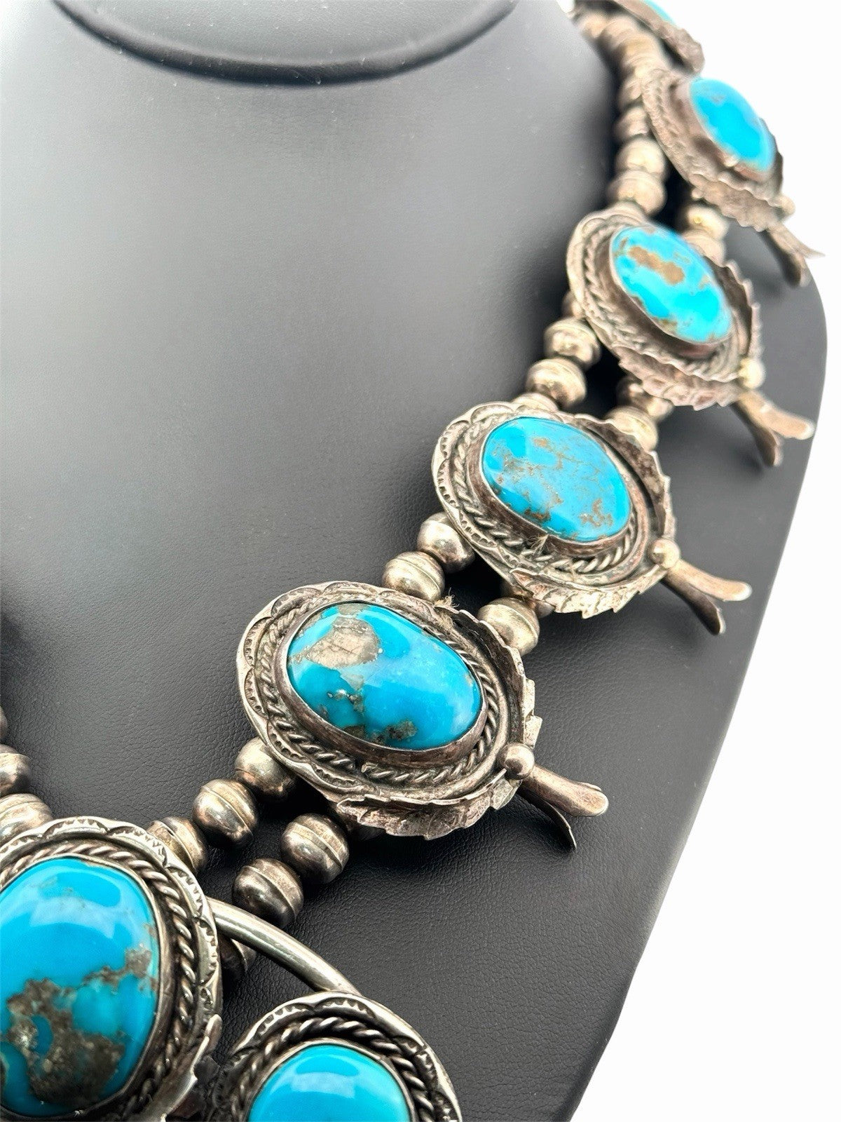 Vintage Navajo Sterling Silver 925 Natural Turquoise Squash Blossom Necklace 28”