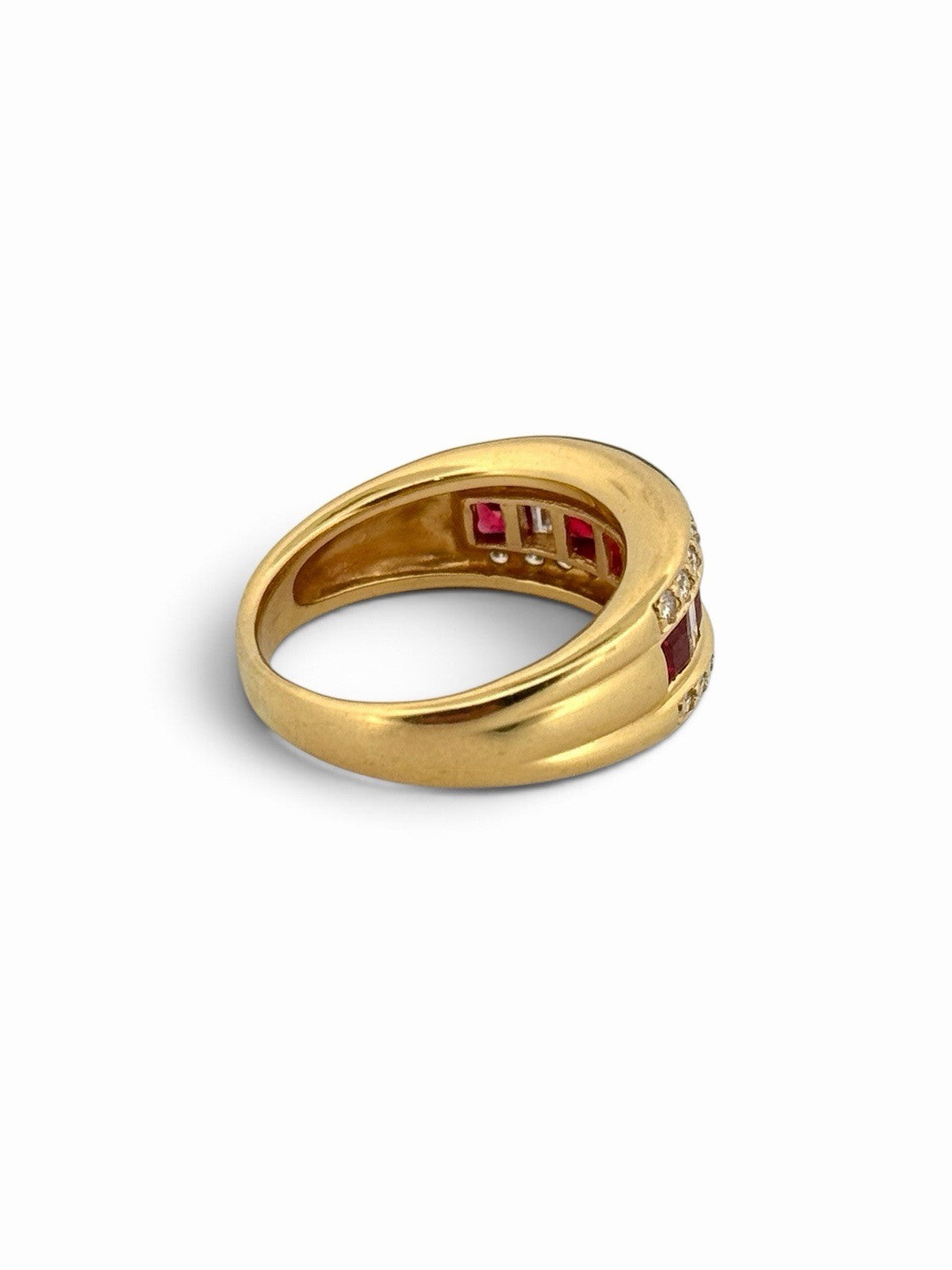 18K Yellow Gold Natural Ruby & Diamond Unique Band Ring Size 7.5 Estate