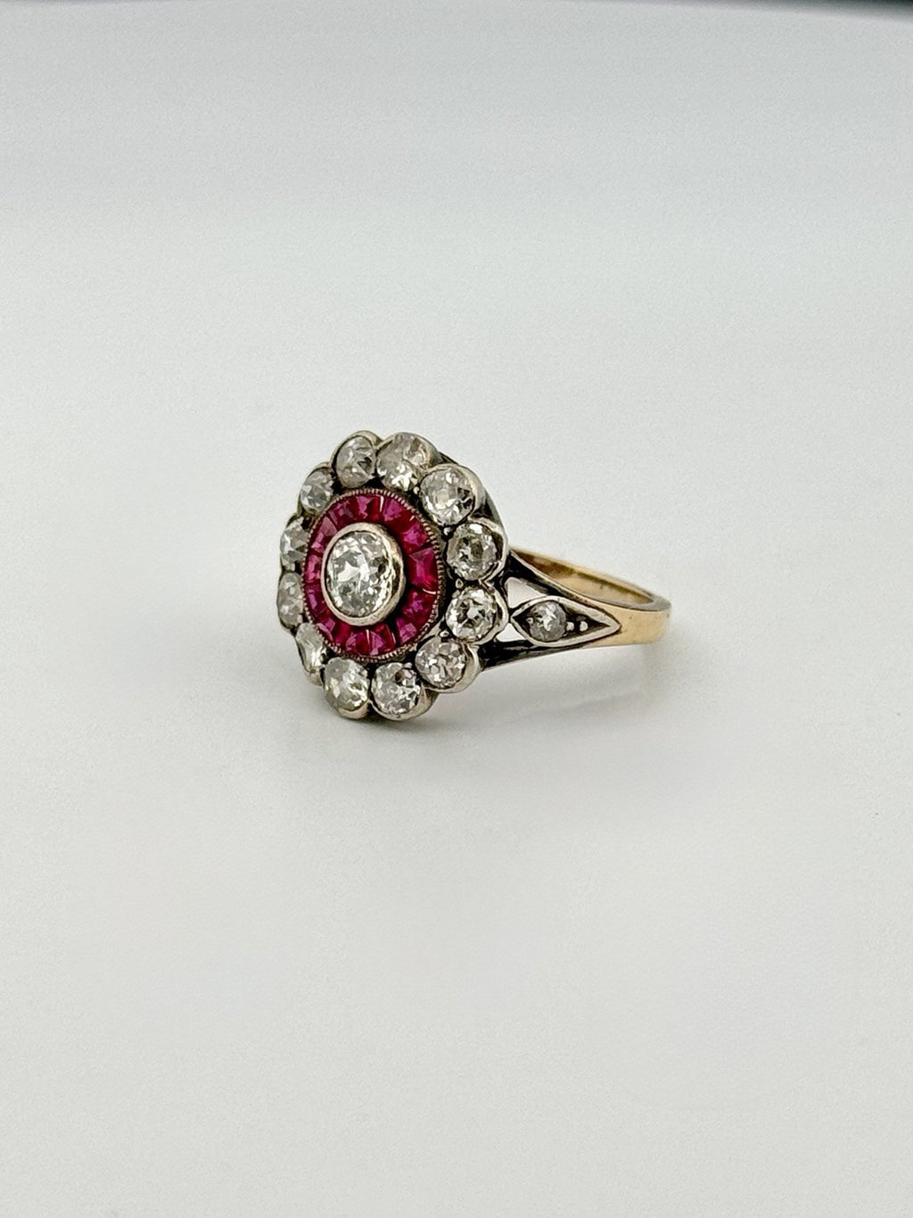 Antique Edwardian 14K Gold Silver Topped Natural Ruby & Diamond Halo Ring Size 3