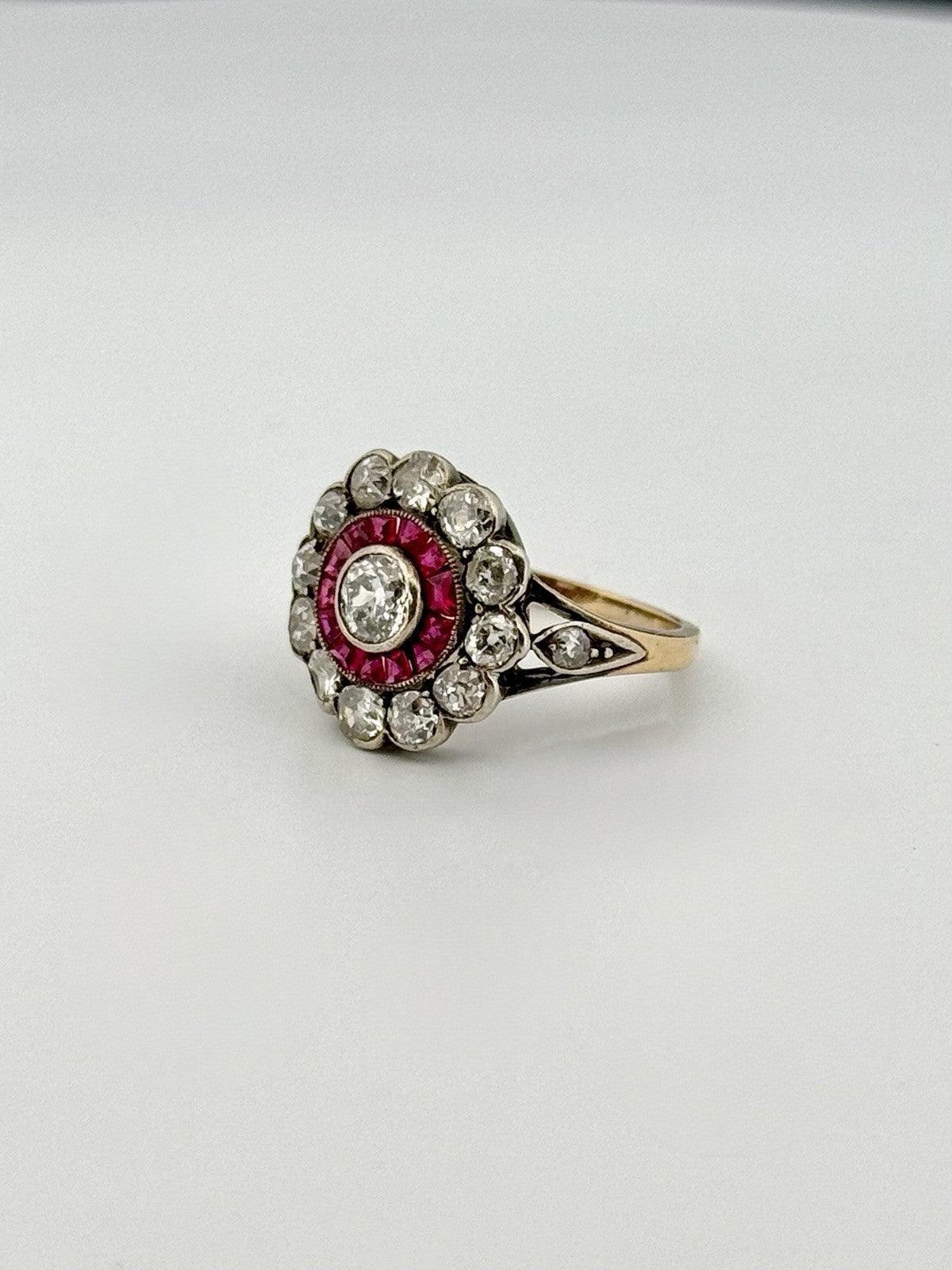 Antique Edwardian 14K Gold Silver Topped Natural Ruby & Diamond Halo Ring Size 3