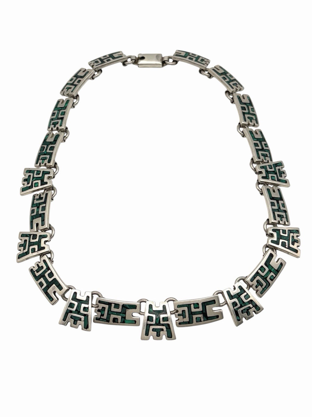 Taxco Mexico 925 Sterling Silver Malachite Inlay Geometric Necklace 17.5in