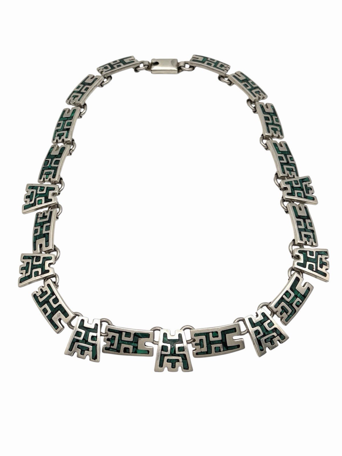 Taxco Mexico 925 Sterling Silver Malachite Inlay Geometric Necklace 17.5in
