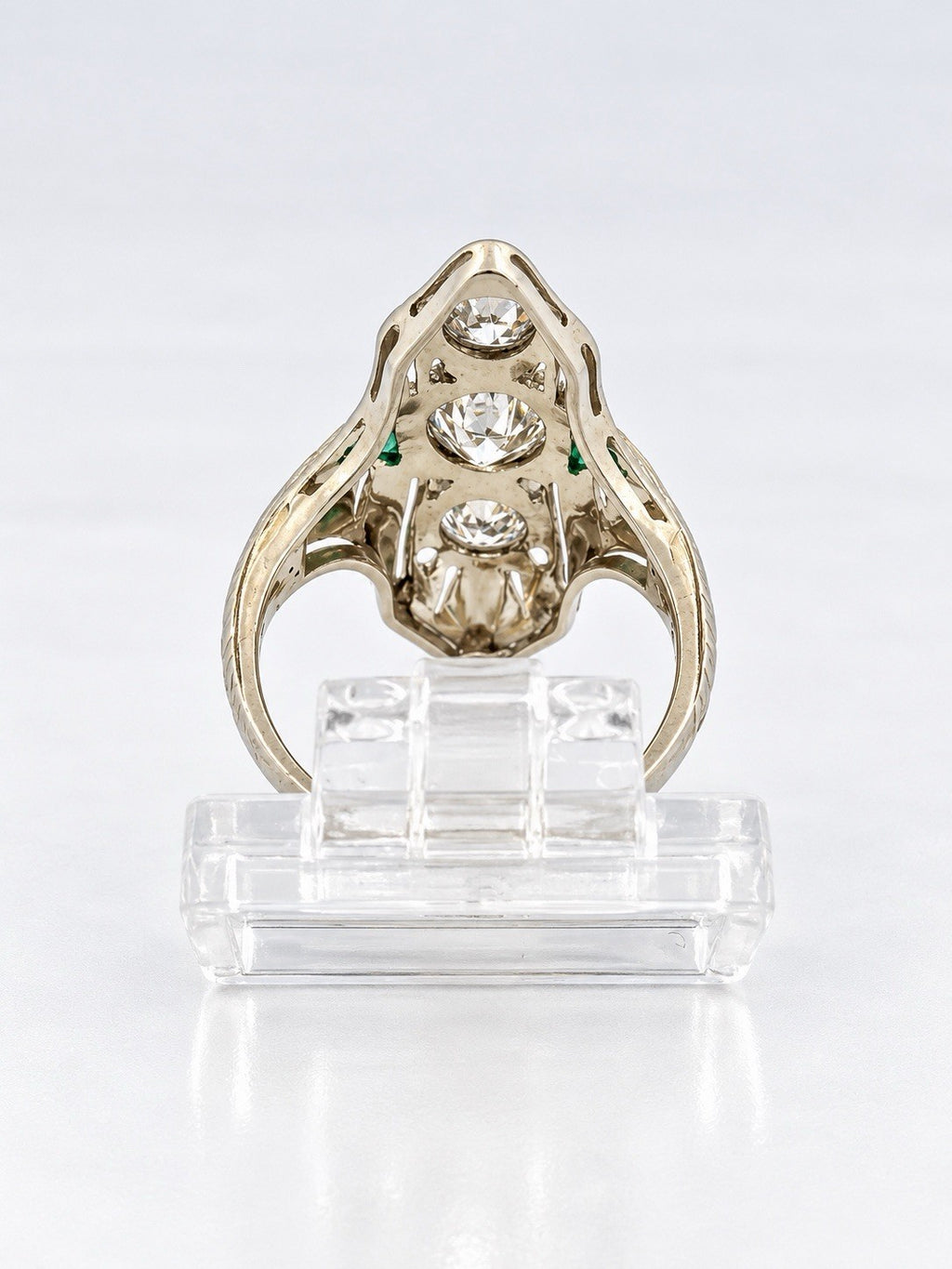 Antique Art Deco 20K White Gold Euro-Cut Diamond & Emerald Navette Ring Size 5.5