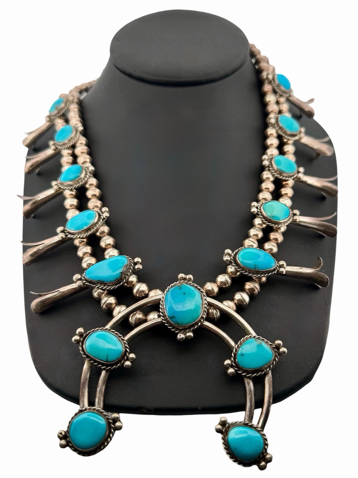 Vintage Turquoise Squash Blossom Naja 925 Sterling Silver Necklace 26in