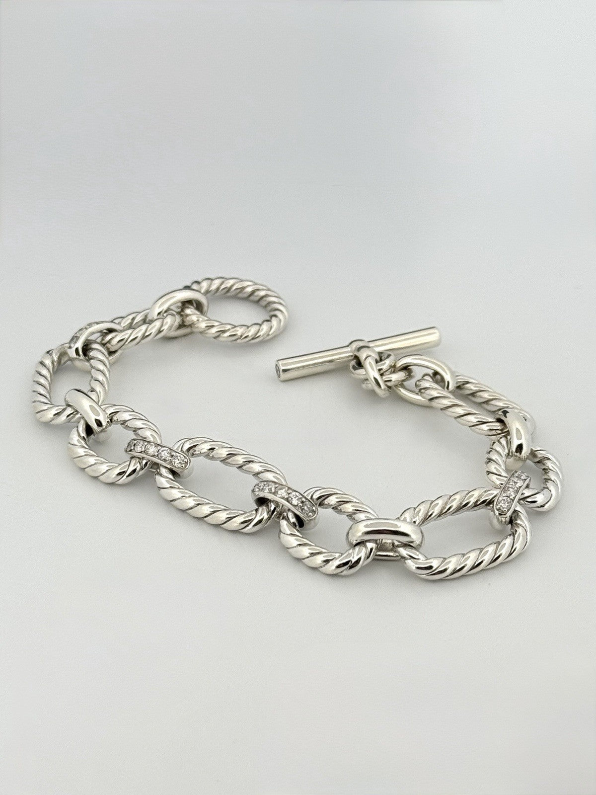 David Yurman Diamond Cushion Link Bracelet 925 Sterling Silver 8in w/ Pouch