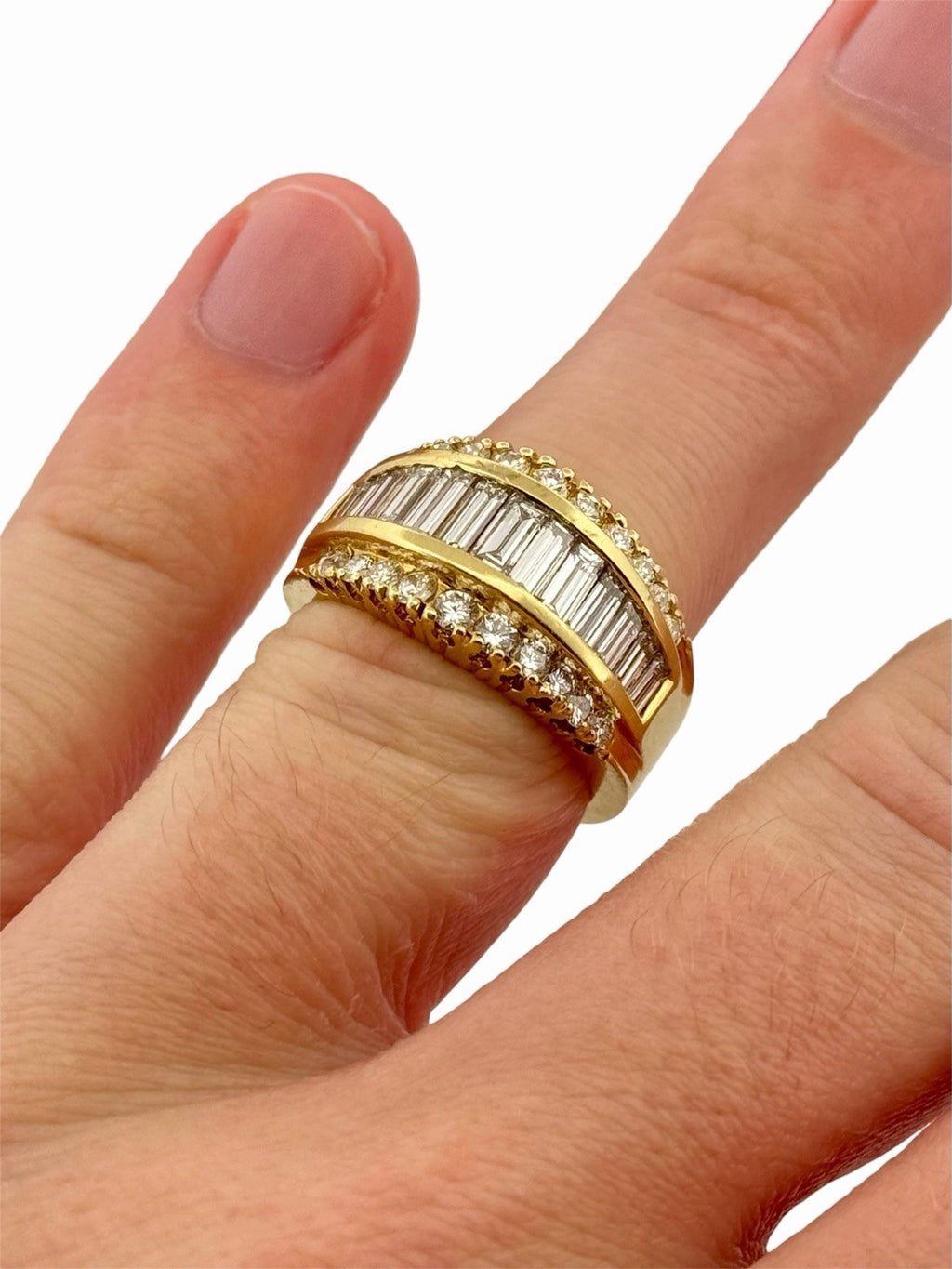 18K Yellow Gold Natural Baguette & Round Diamond Band Ring 2ctw Size 7.5