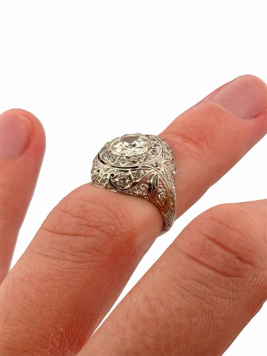 Antique Art Deco Platinum & Natural Old European Cut Diamond Dome Ring Size 4.5