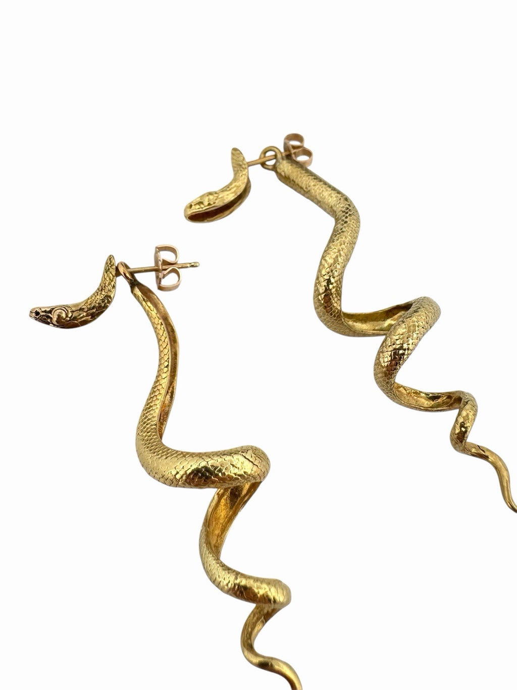 Vintage 14K Yellow Gold Snake Serpent Dangle Drop Earrings 2”