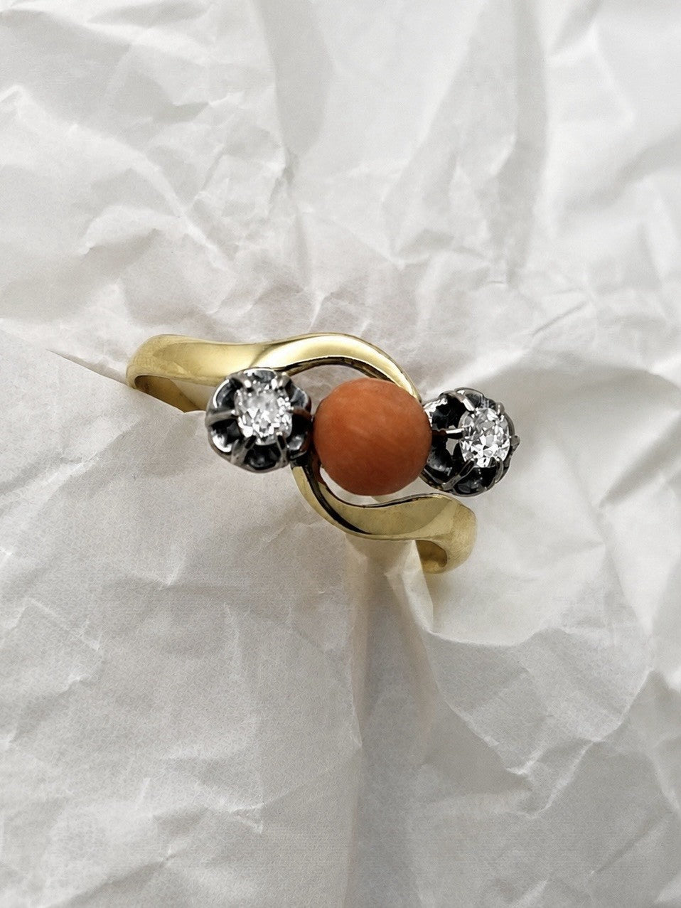 Antique Edwardian 18K Gold Natural Coral & Old Mine Cut Diamond Bypass Ring 6.75