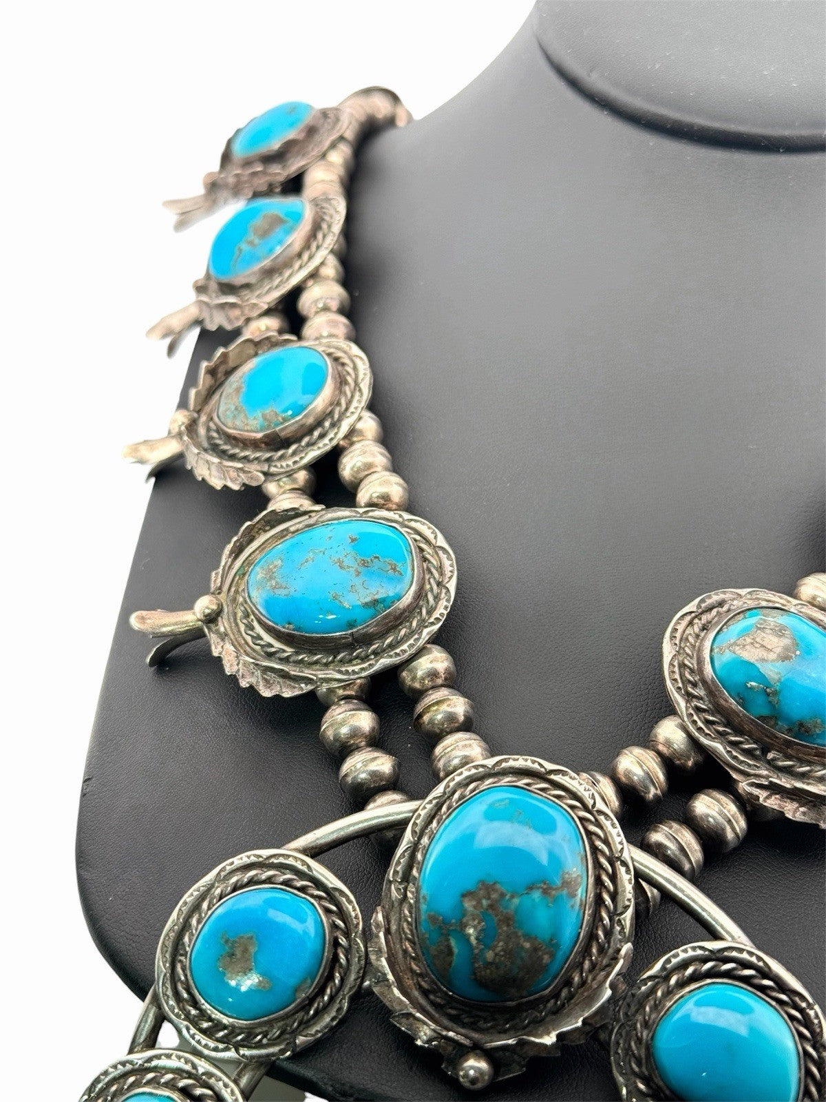 Vintage Navajo Sterling Silver 925 Natural Turquoise Squash Blossom Necklace 28”