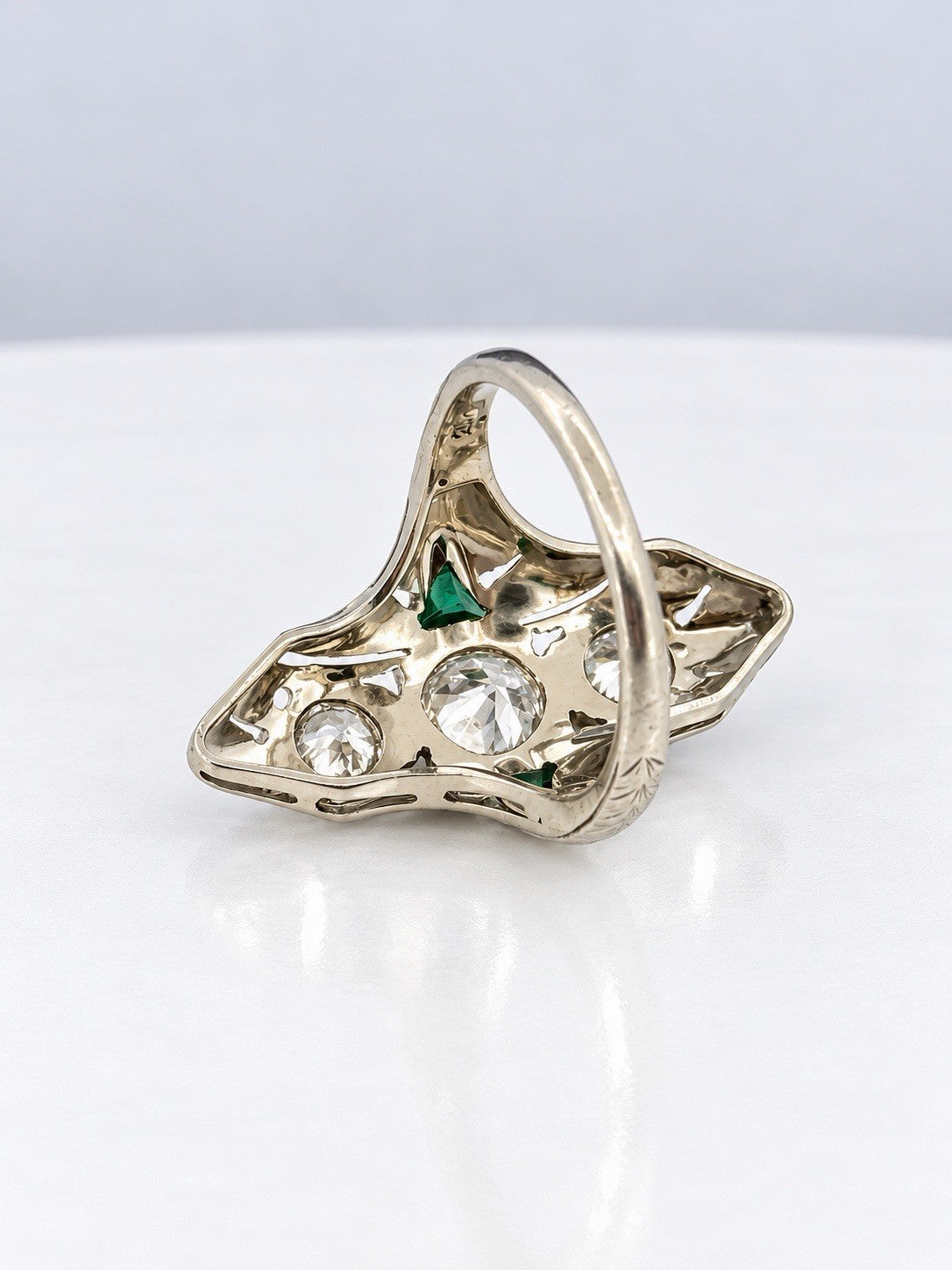 Antique Art Deco 20K White Gold Euro-Cut Diamond & Emerald Navette Ring Size 5.5