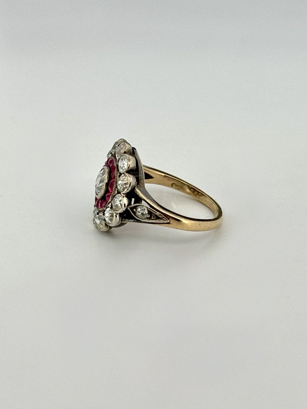 Antique Edwardian 14K Gold Silver Topped Natural Ruby & Diamond Halo Ring Size 3