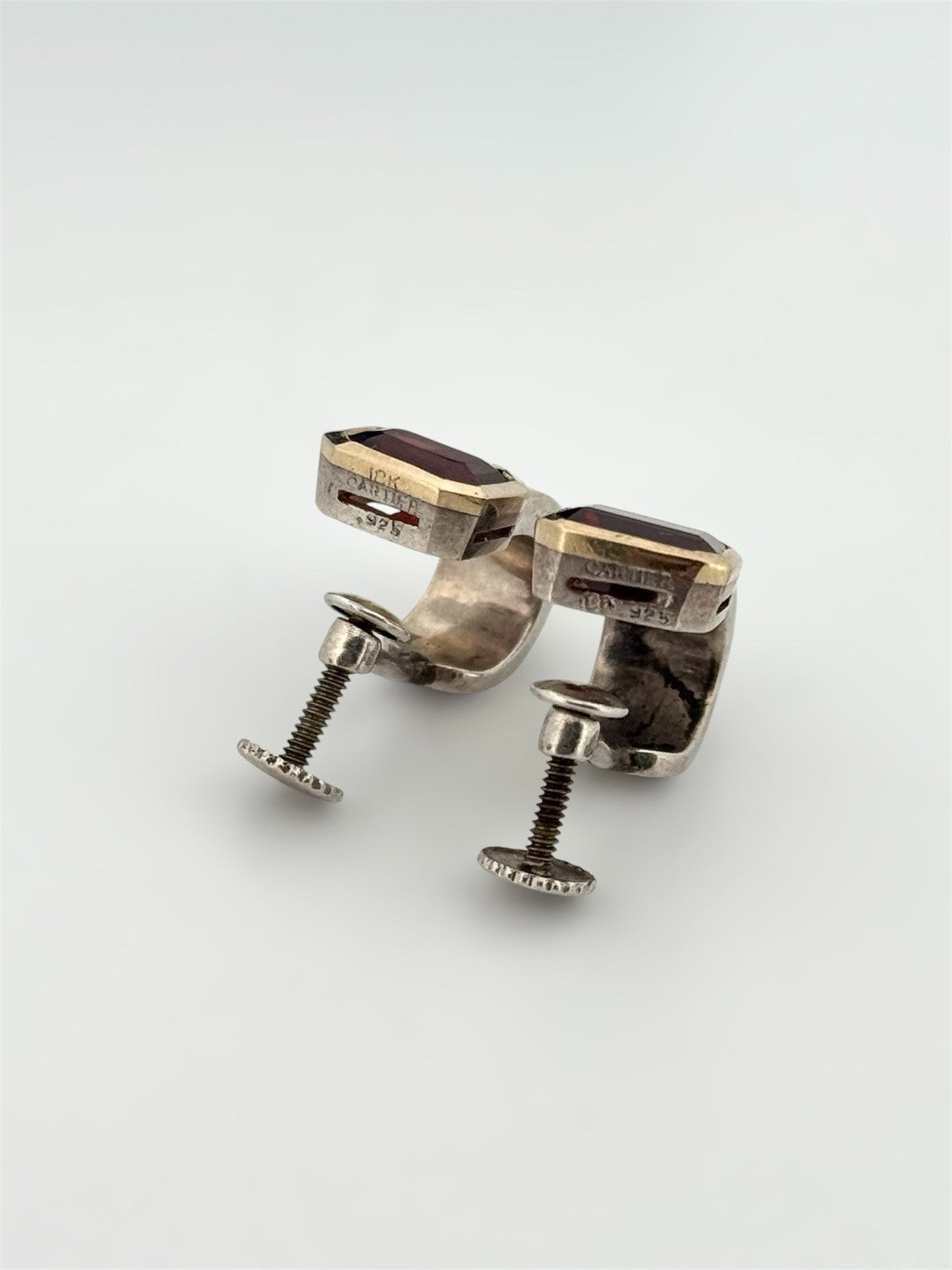 Vintage Cartier 18K Gold & 925 Sterling Silver Garnet Screw Back Earrings