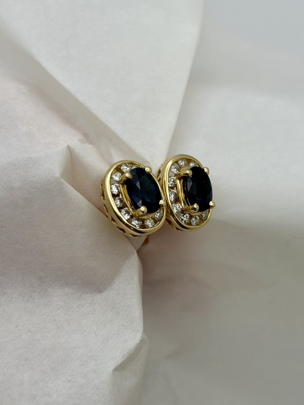 14K Yellow Gold Natural Blue Sapphire & Diamond Halo Stud Earrings 10mm
