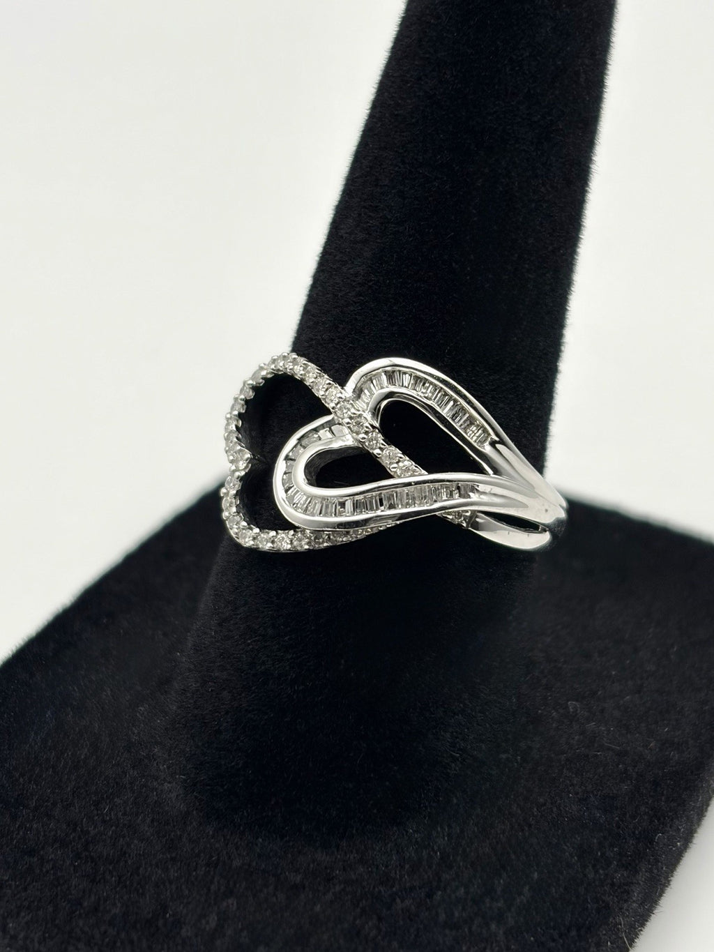 10K White Gold Natural Baguette & Round Diamond Double Open Heart Ring Size 7