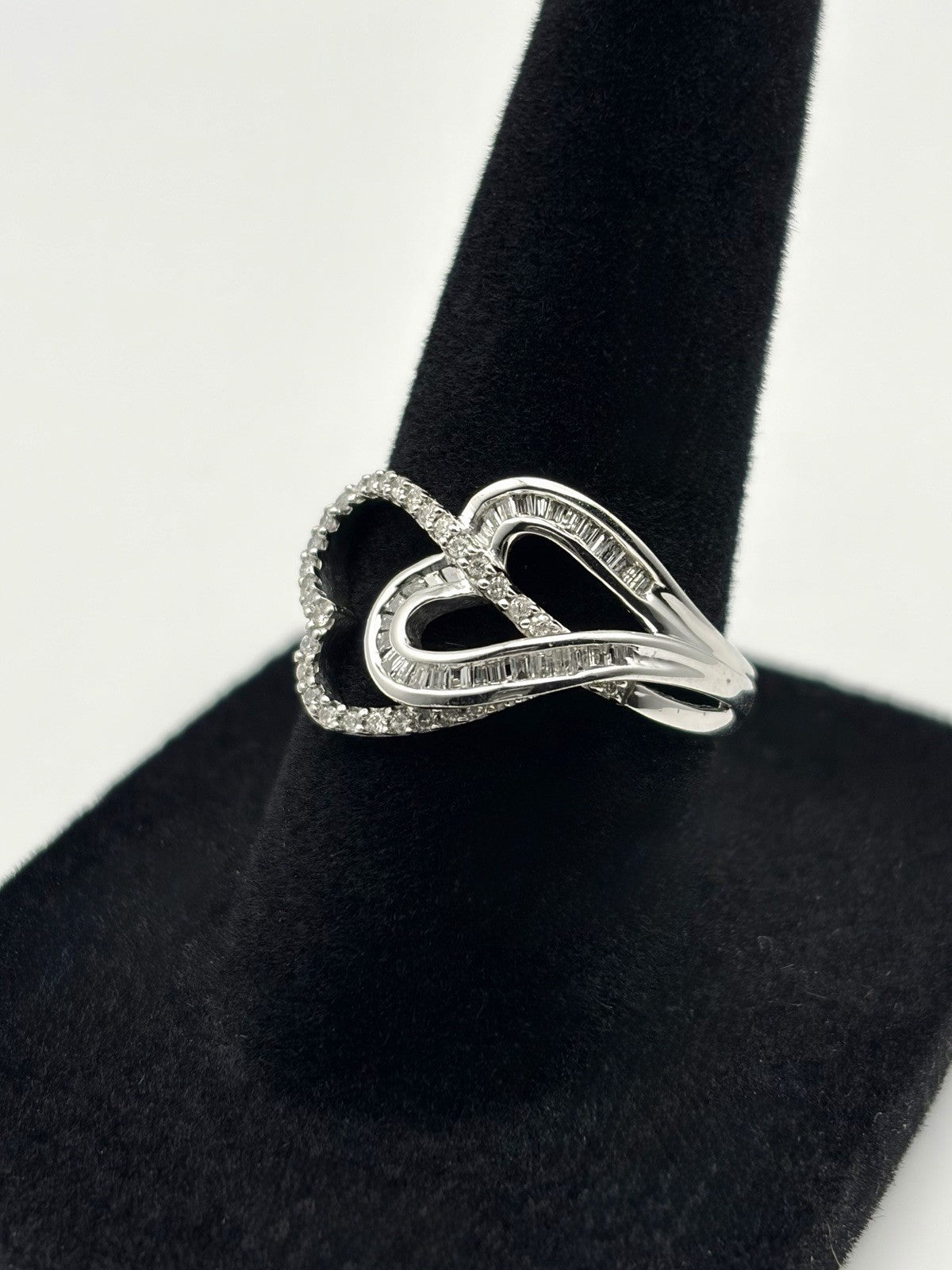 10K White Gold Natural Baguette & Round Diamond Double Open Heart Ring Size 7