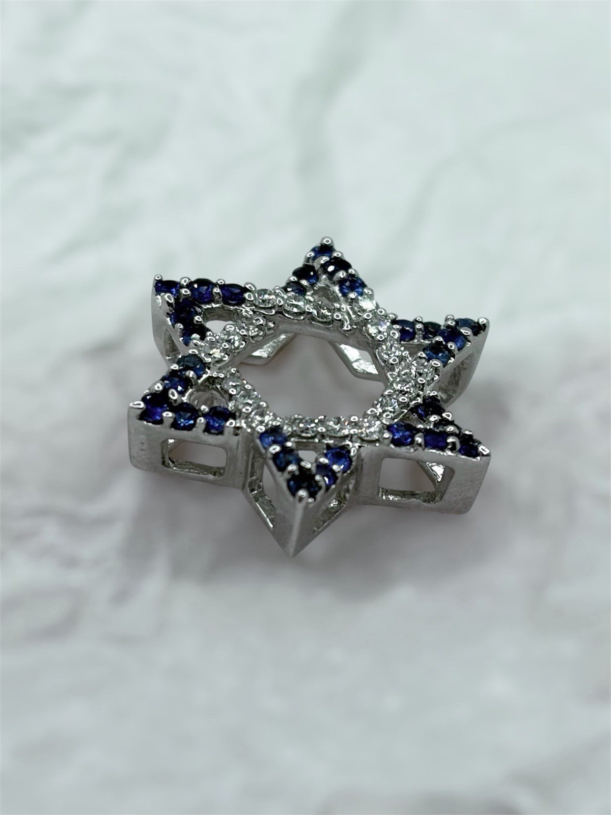 14K White Gold Star of David Pendant Lab Diamond & Blue Sapphire 1/2 CTW