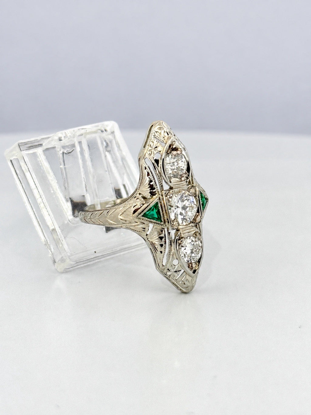 Antique Art Deco 20K White Gold Euro-Cut Diamond & Emerald Navette Ring Size 5.5