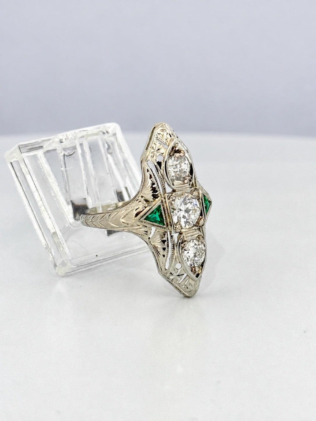 Antique Art Deco 20K White Gold Euro-Cut Diamond & Emerald Navette Ring Size 5.5