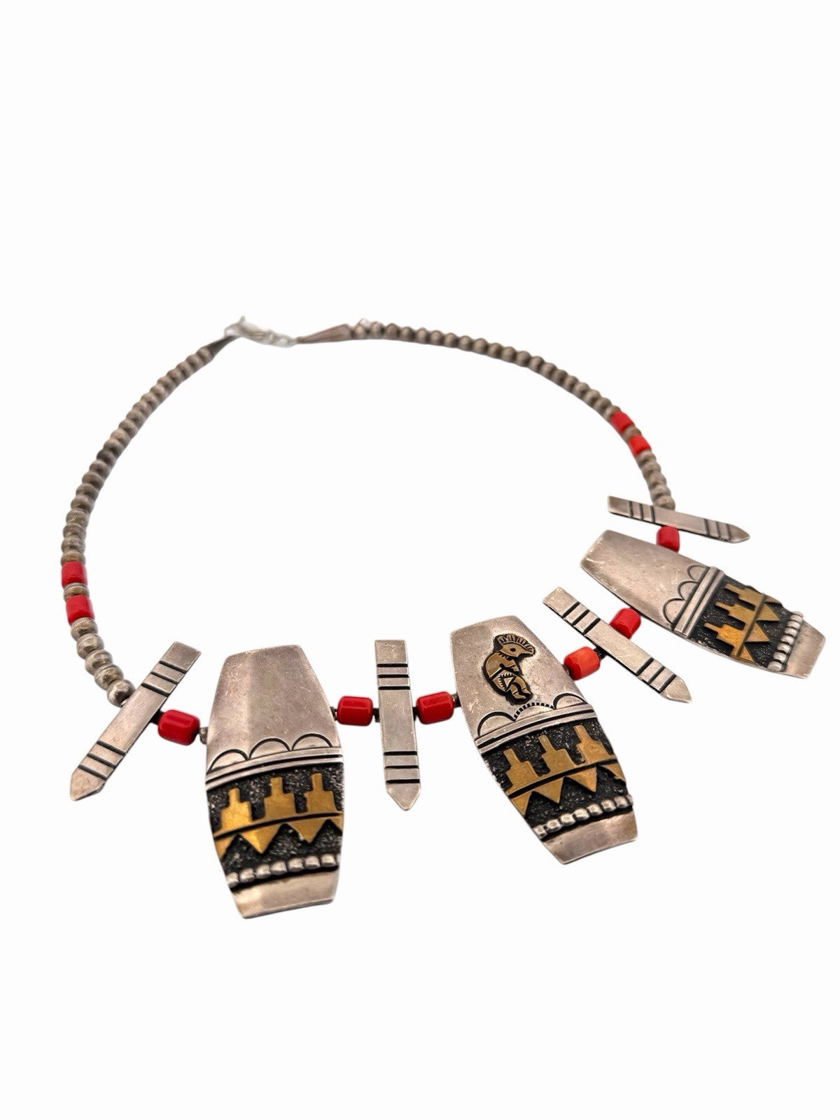 Vintage Thomas Singer Navajo Sterling Silver Coral Kokopelli Necklace 17.5”