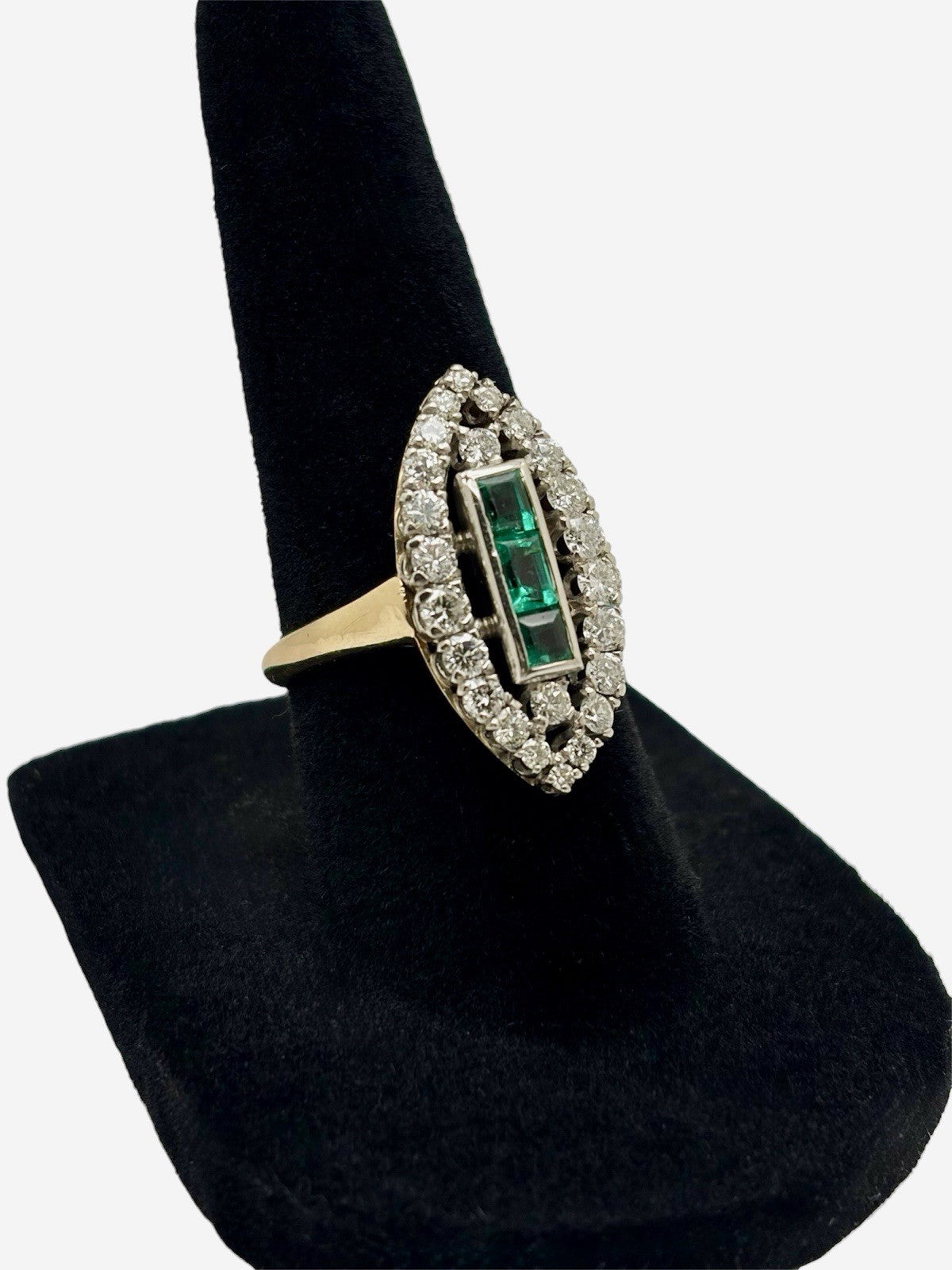 Vintage 14K Gold Platinum Natural Diamond & Emerald Art Deco Navette Ring Sz 6.5