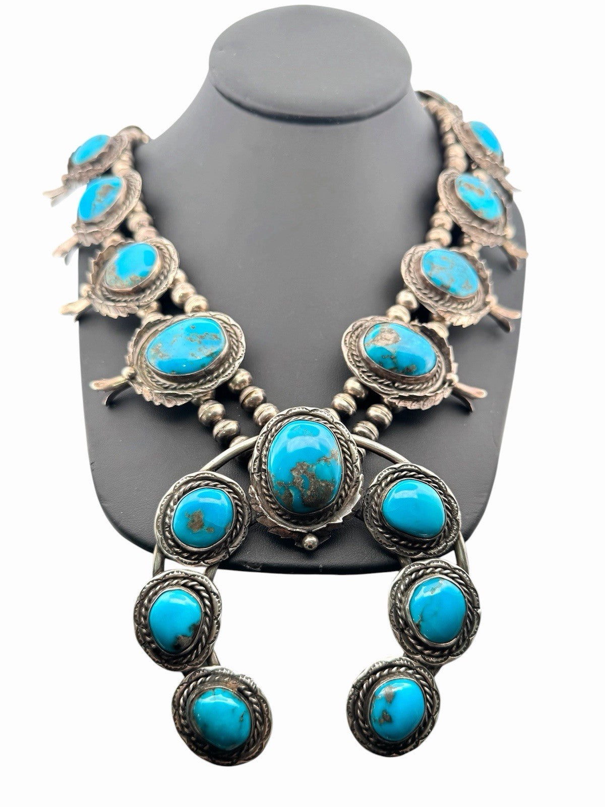 Vintage Navajo Sterling Silver 925 Natural Turquoise Squash Blossom Necklace 28”
