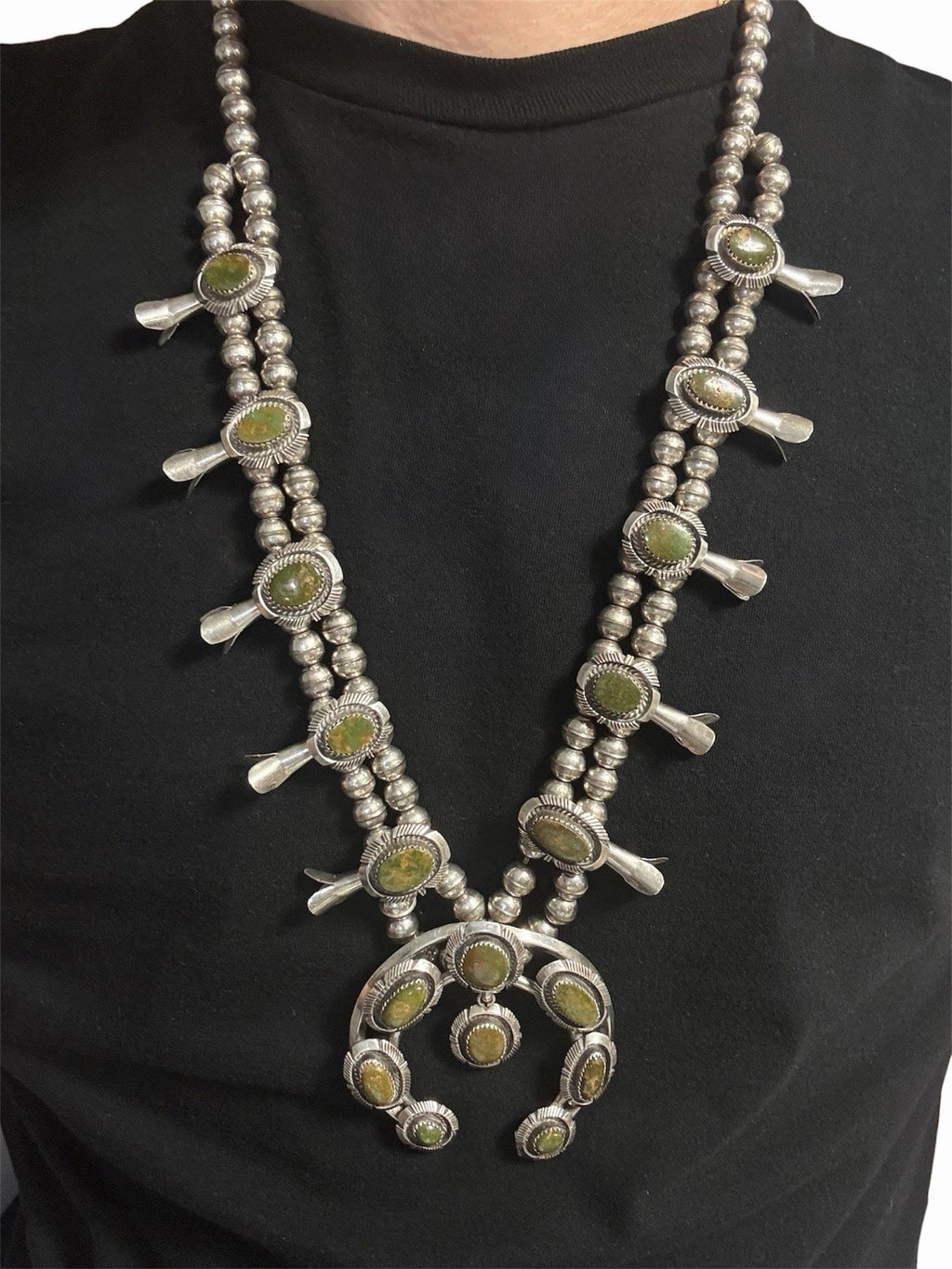 Vintage Navajo Sterling Silver Green Turquoise Squash Blossom Necklace 28”
