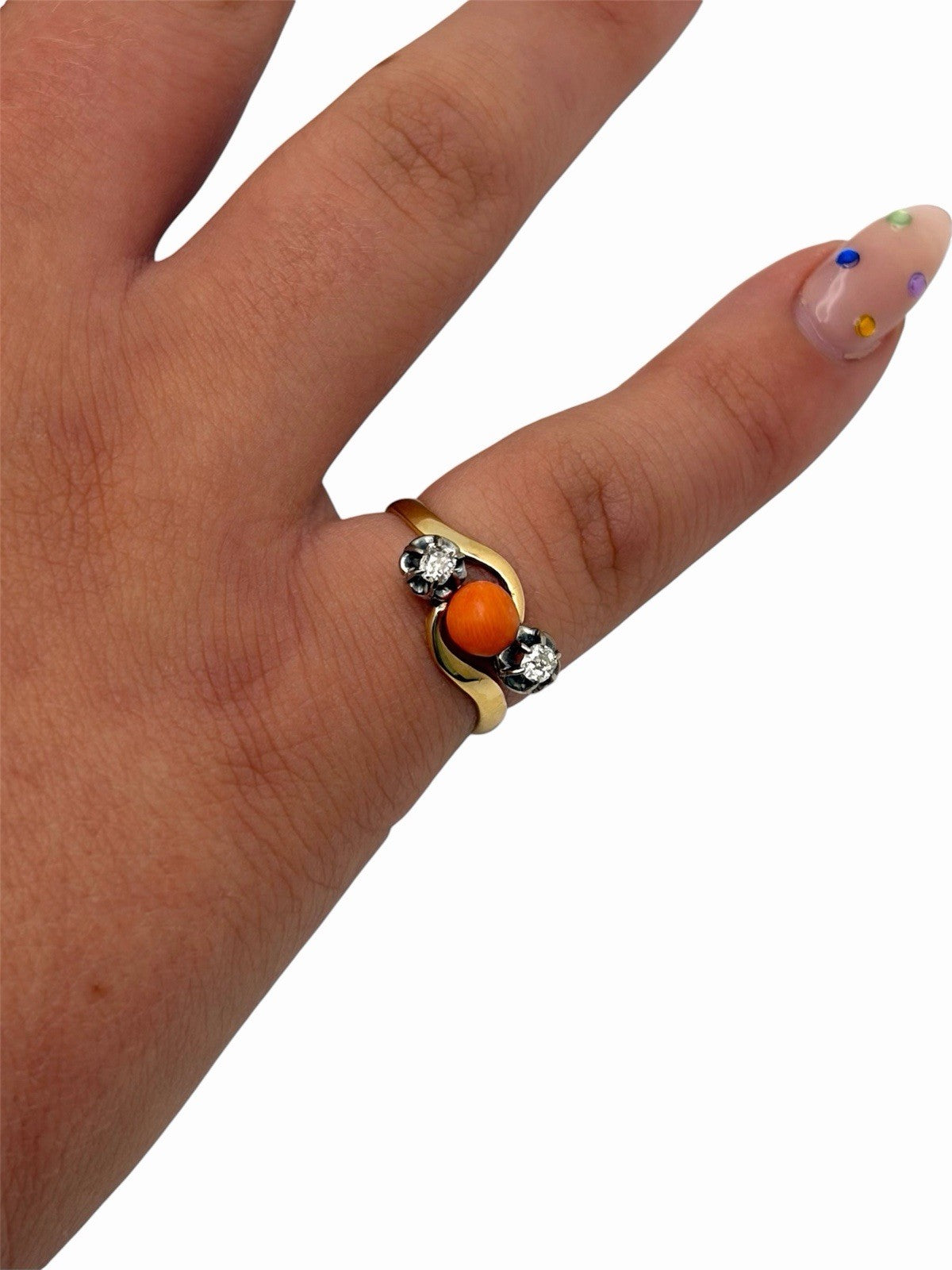 Antique Edwardian 18K Gold Natural Coral & Old Mine Cut Diamond Bypass Ring 6.75