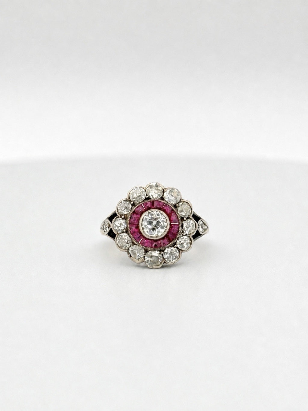Antique Edwardian 14K Gold Silver Topped Natural Ruby & Diamond Halo Ring Size 3