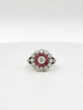 Antique Edwardian 14K Gold Silver Topped Natural Ruby & Diamond Halo Ring Size 3