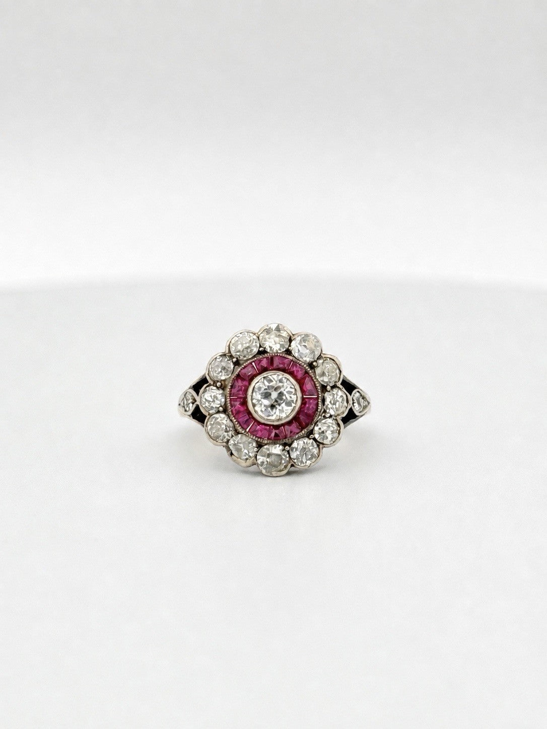 Antique Edwardian 14K Gold Silver Topped Natural Ruby & Diamond Halo Ring Size 3