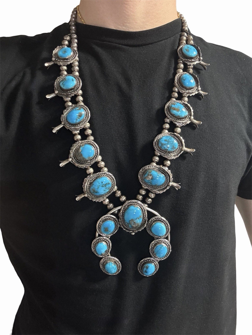 Vintage Navajo Sterling Silver 925 Natural Turquoise Squash Blossom Necklace 28”