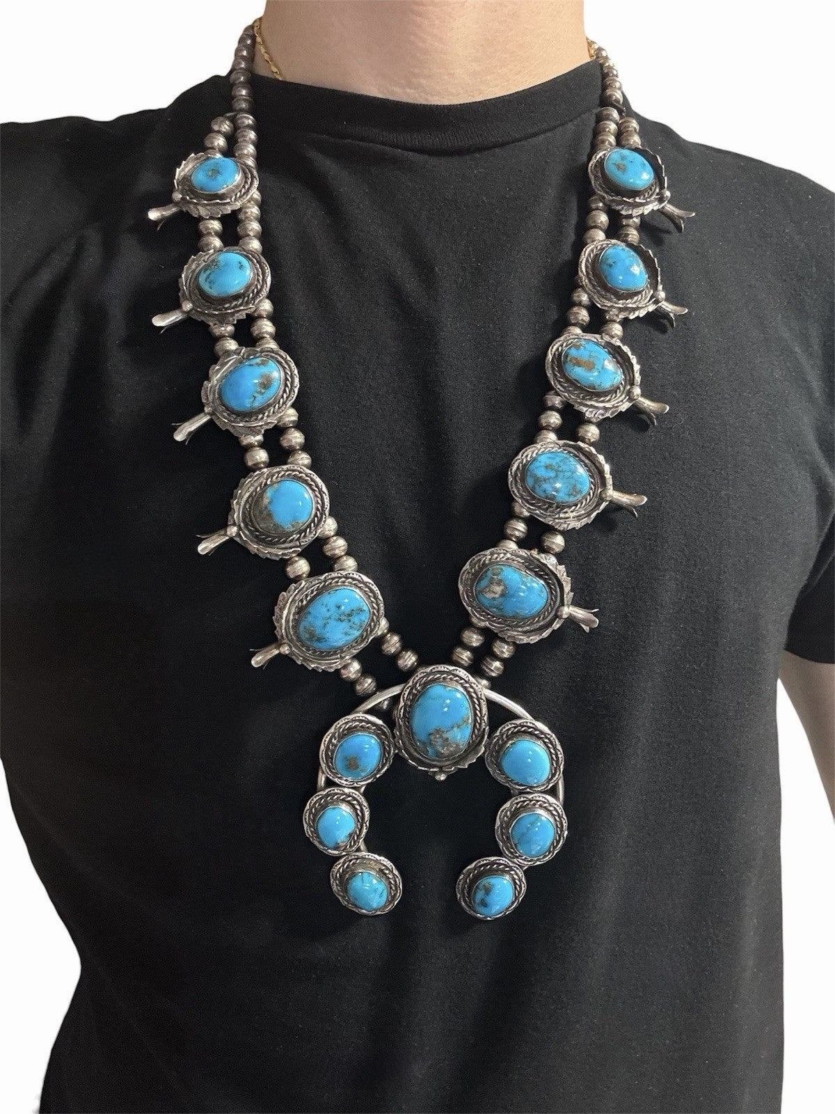 Vintage Navajo Sterling Silver 925 Natural Turquoise Squash Blossom Necklace 28”