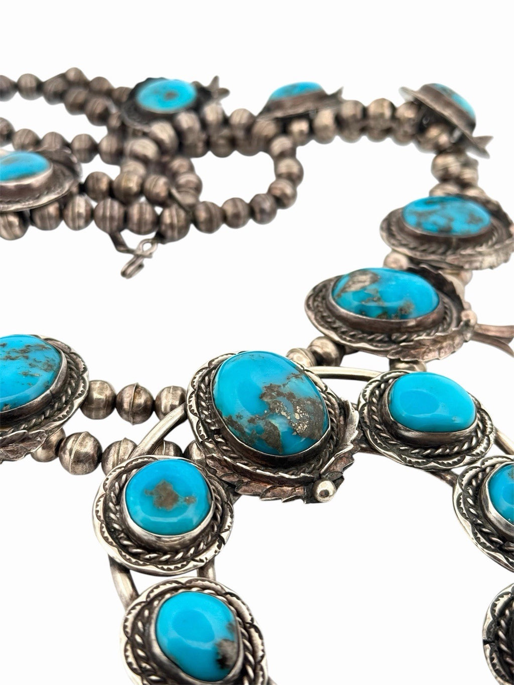 Vintage Navajo Sterling Silver 925 Natural Turquoise Squash Blossom Necklace 28”