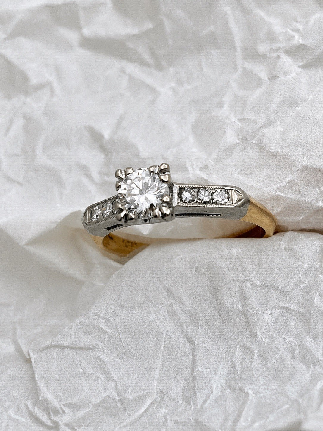 Antique Edwardian 14K Gold & 900 Platinum Natural Diamond Engagement Ring Size 6