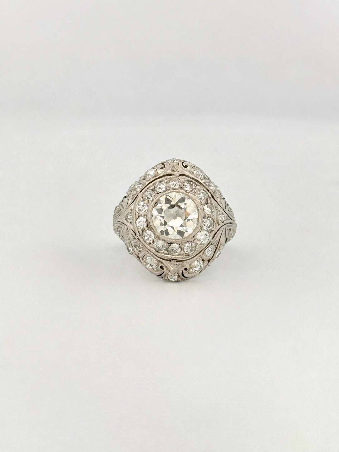 Antique Art Deco Platinum & Natural Old European Cut Diamond Dome Ring Size 4.5